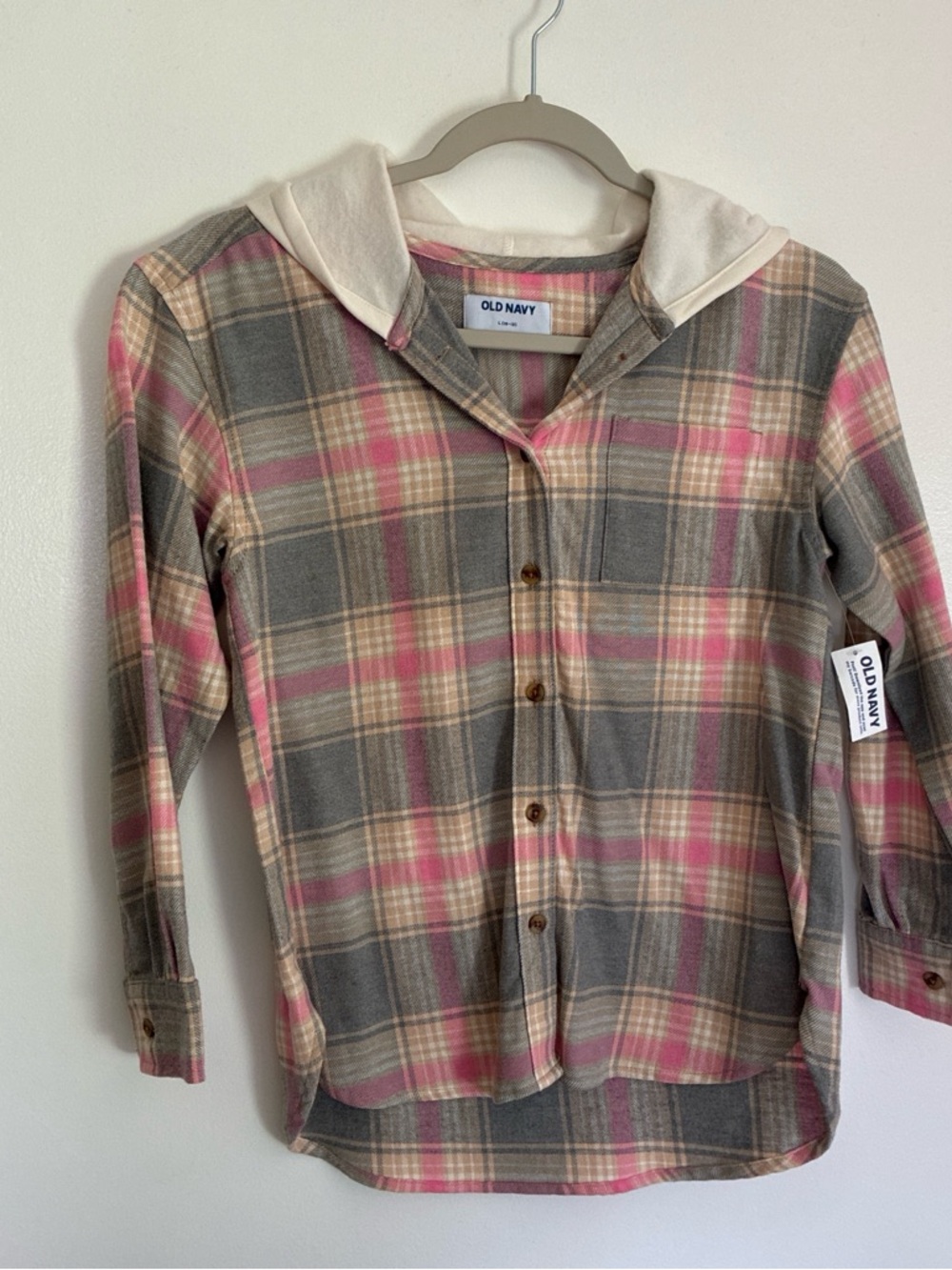 Old Navy Pink, Gray & Cream Plaid Hooded Button-Up Shirt